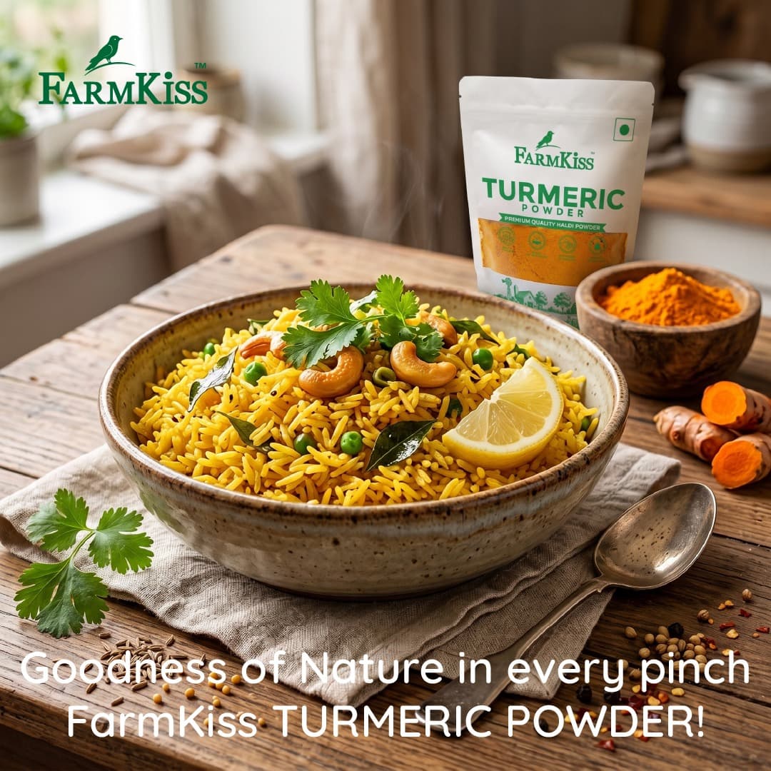 FarmKiss Turmeric Powder used in a home-cooked meal